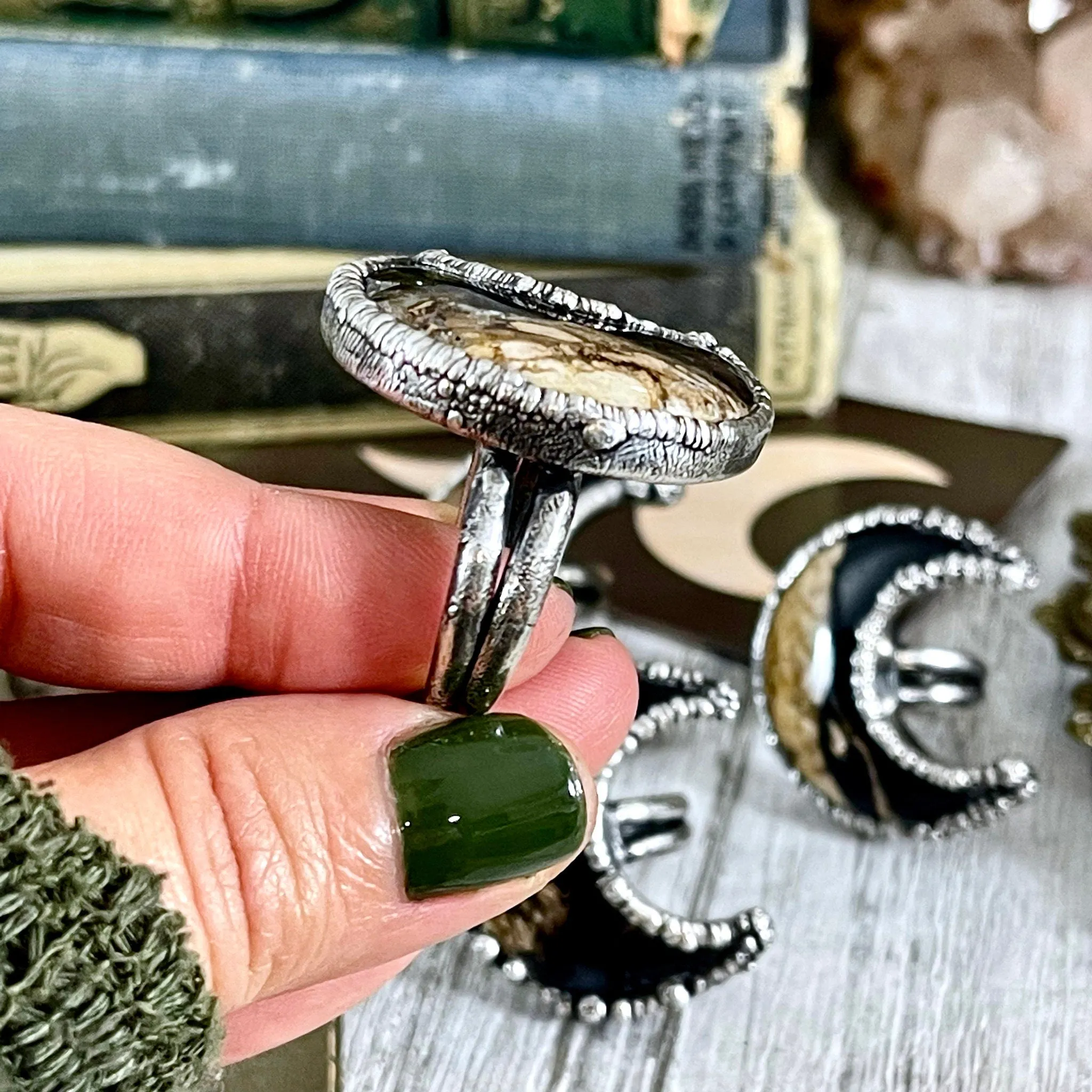 Crescent Moon Fossilized Palm Root Ring in Silver Size 5 6 7 8 9 10 /