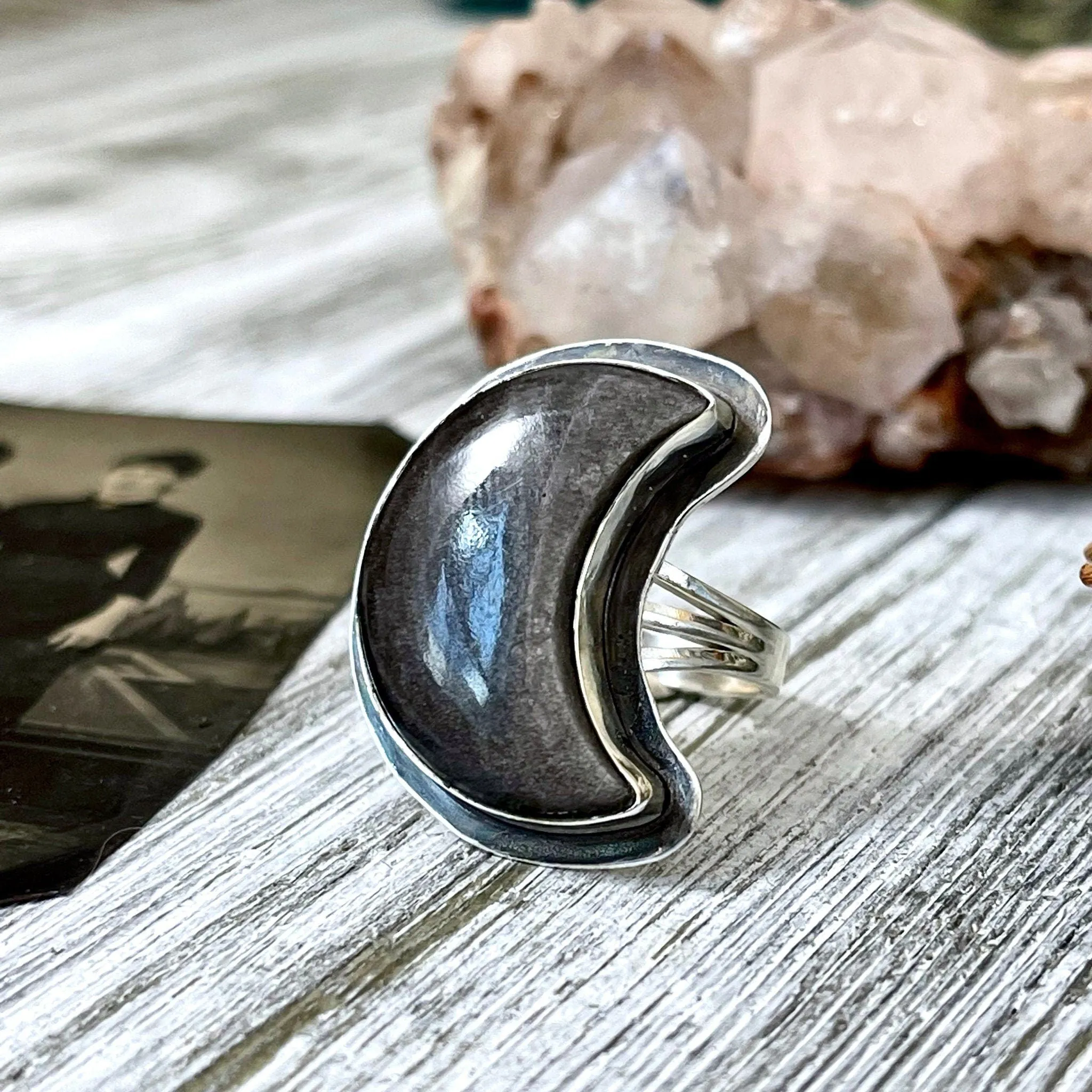 Crescent Moon Silver Sheen Obsidian Crystal Ring in Sterling Silver- Designed by FOXLARK Collection Size 5 6 7 8 9 10 11 / Gothic Jewelry