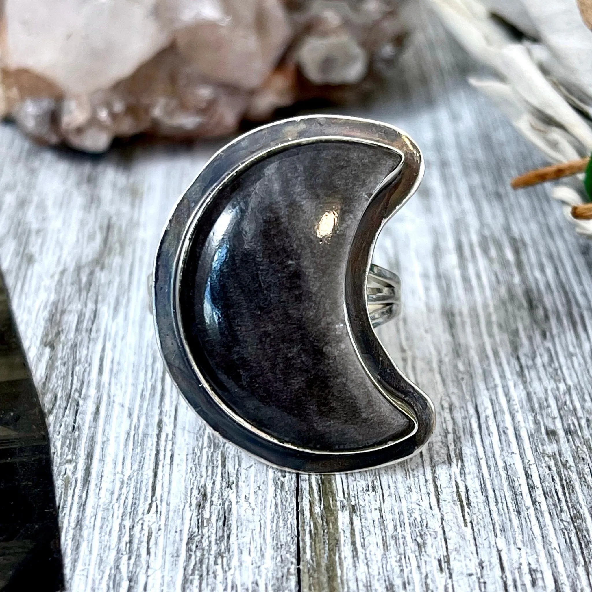 Crescent Moon Silver Sheen Obsidian Crystal Ring in Sterling Silver- Designed by FOXLARK Collection Size 5 6 7 8 9 10 11 / Gothic Jewelry