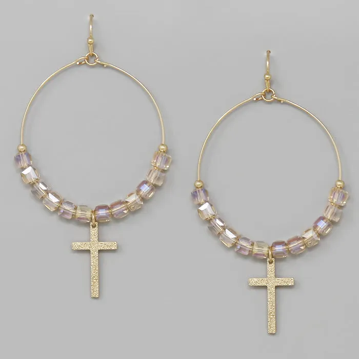 Cross Charm Glass Cube Beaded Hoop Earrings