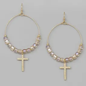 Cross Charm Glass Cube Beaded Hoop Earrings