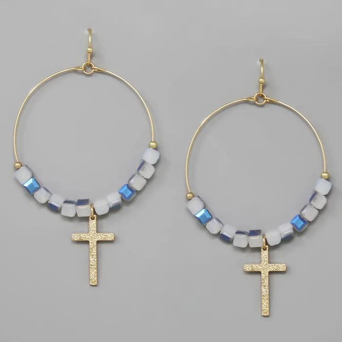 Cross Charm Glass Cube Beaded Hoop Earrings