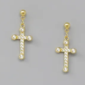 Cross CZ Pave Drop Earrings