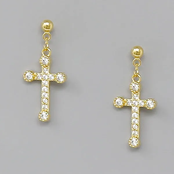 Cross CZ Pave Drop Earrings