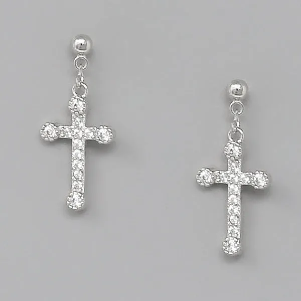 Cross CZ Pave Drop Earrings