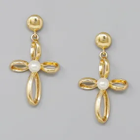 Cross Pearl Embellished Dangle Earrings