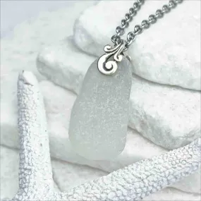 Crystal Clear Sea Glass Pendant with Ocean Waves Bail  | #1747