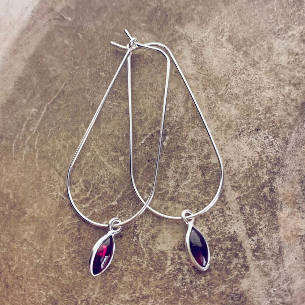 dewdrop // sterling silver & gemstone modern teardrop hoop earrings