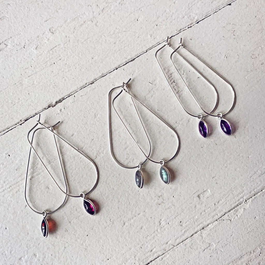 dewdrop // sterling silver & gemstone modern teardrop hoop earrings