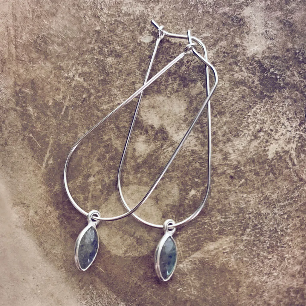 dewdrop // sterling silver & gemstone modern teardrop hoop earrings