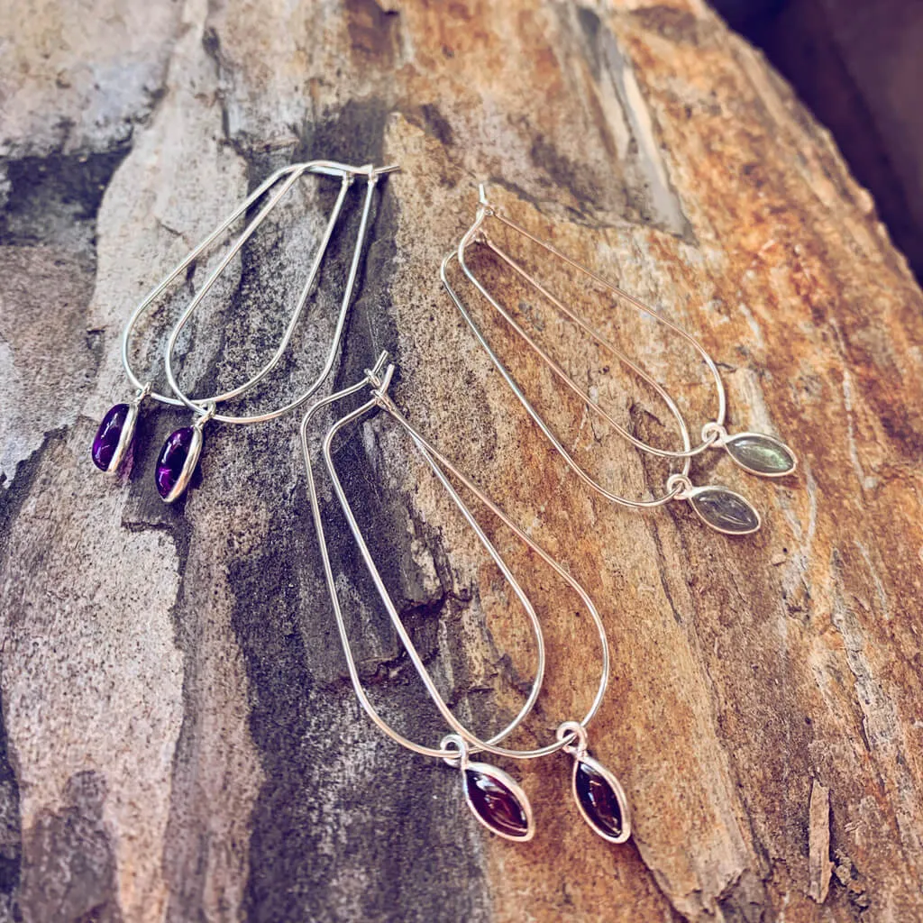 dewdrop // sterling silver & gemstone modern teardrop hoop earrings