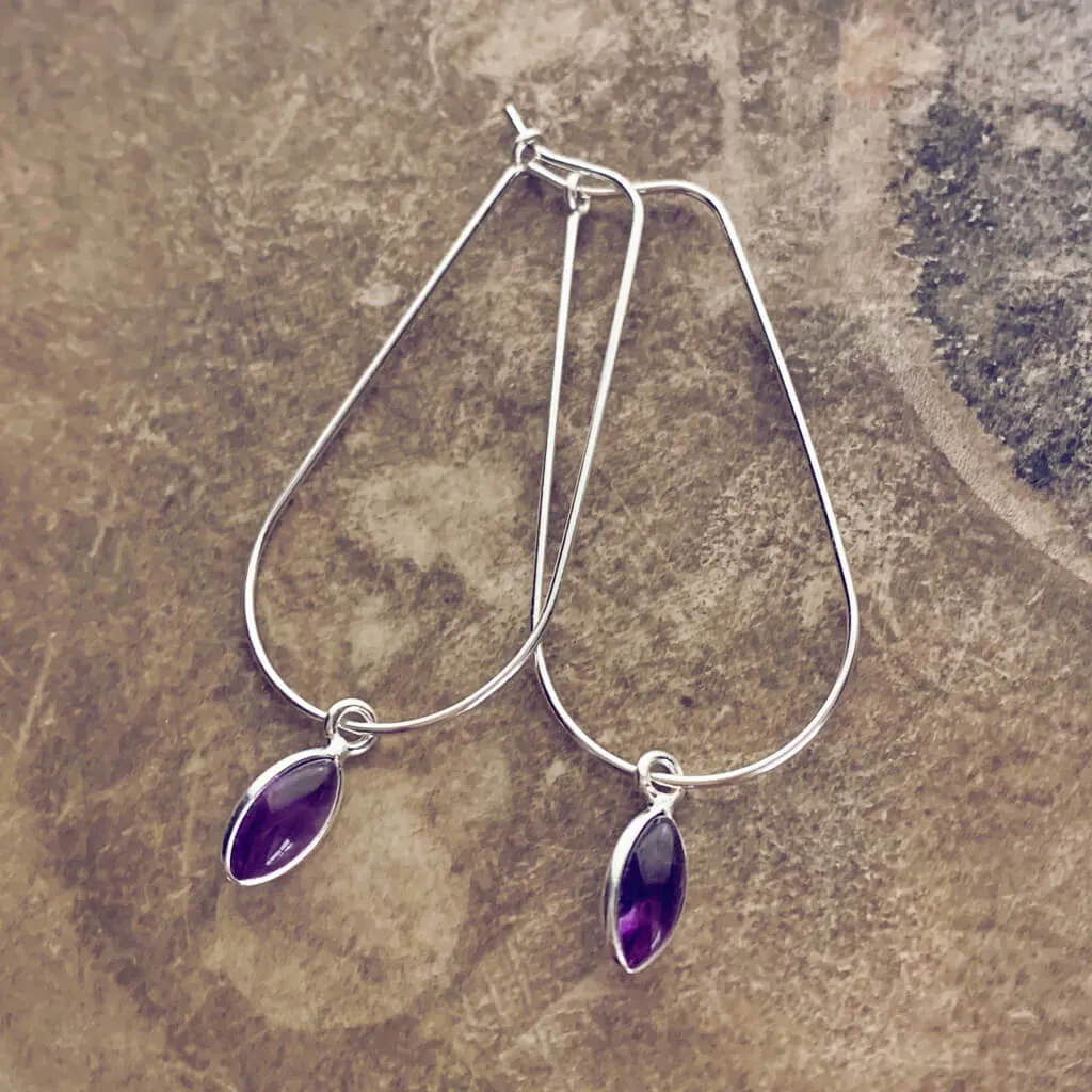 dewdrop // sterling silver & gemstone modern teardrop hoop earrings