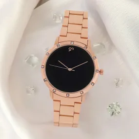 Black Dial Dusk  Rose Gold Metallic Strap Watch with a Sleek Design