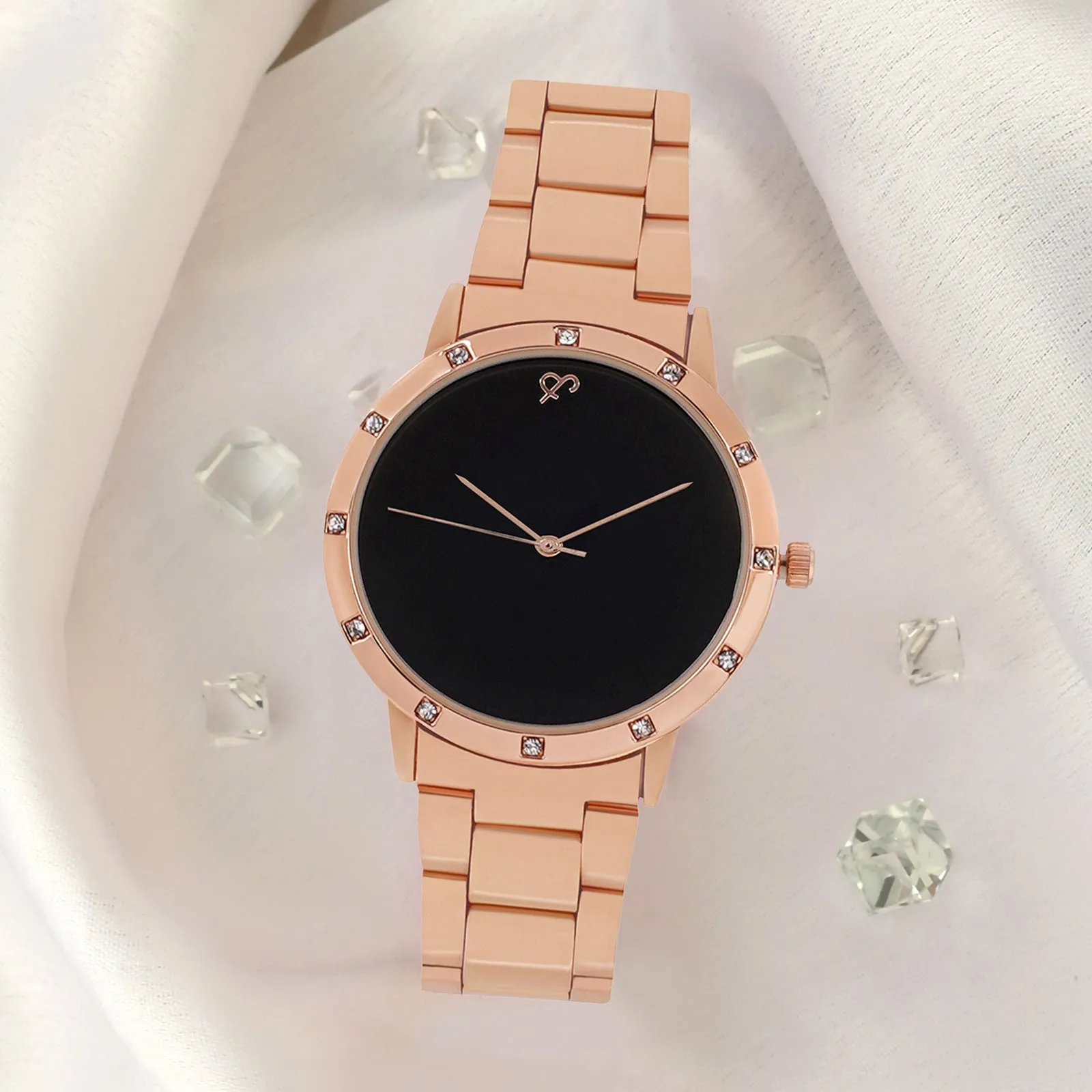 Black Dial Dusk  Rose Gold Metallic Strap Watch with a Sleek Design