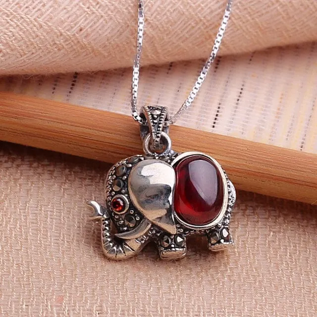 Elephant Fish Fox Crab Garnet Pendant Necklace - 925 Sterling Silver