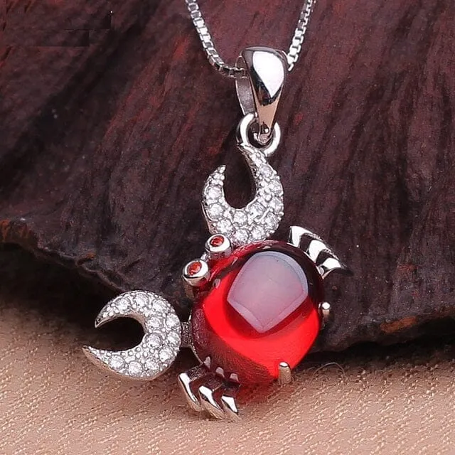 Elephant Fish Fox Crab Garnet Pendant Necklace - 925 Sterling Silver