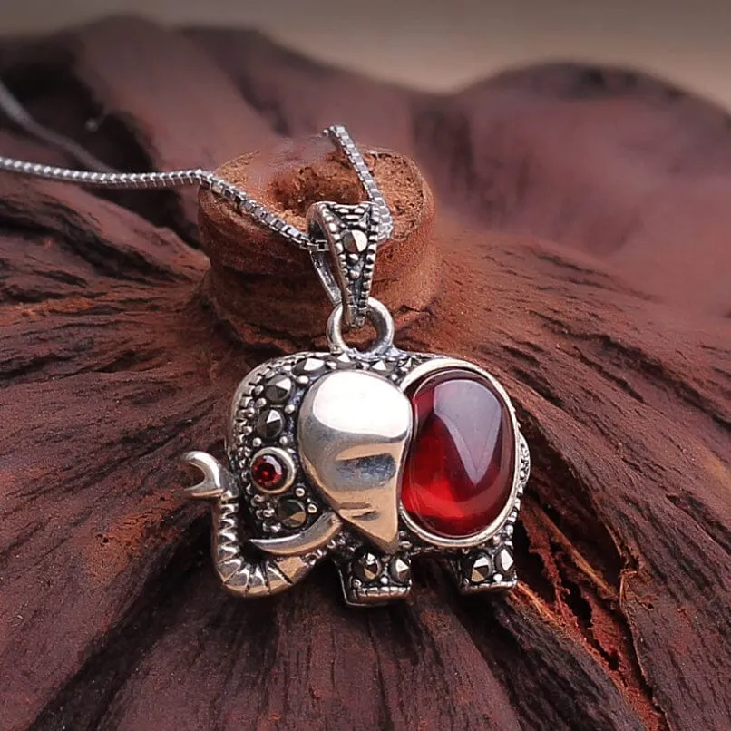 Elephant Fish Fox Crab Garnet Pendant Necklace - 925 Sterling Silver