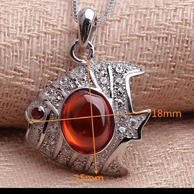 Elephant Fish Fox Crab Garnet Pendant Necklace - 925 Sterling Silver