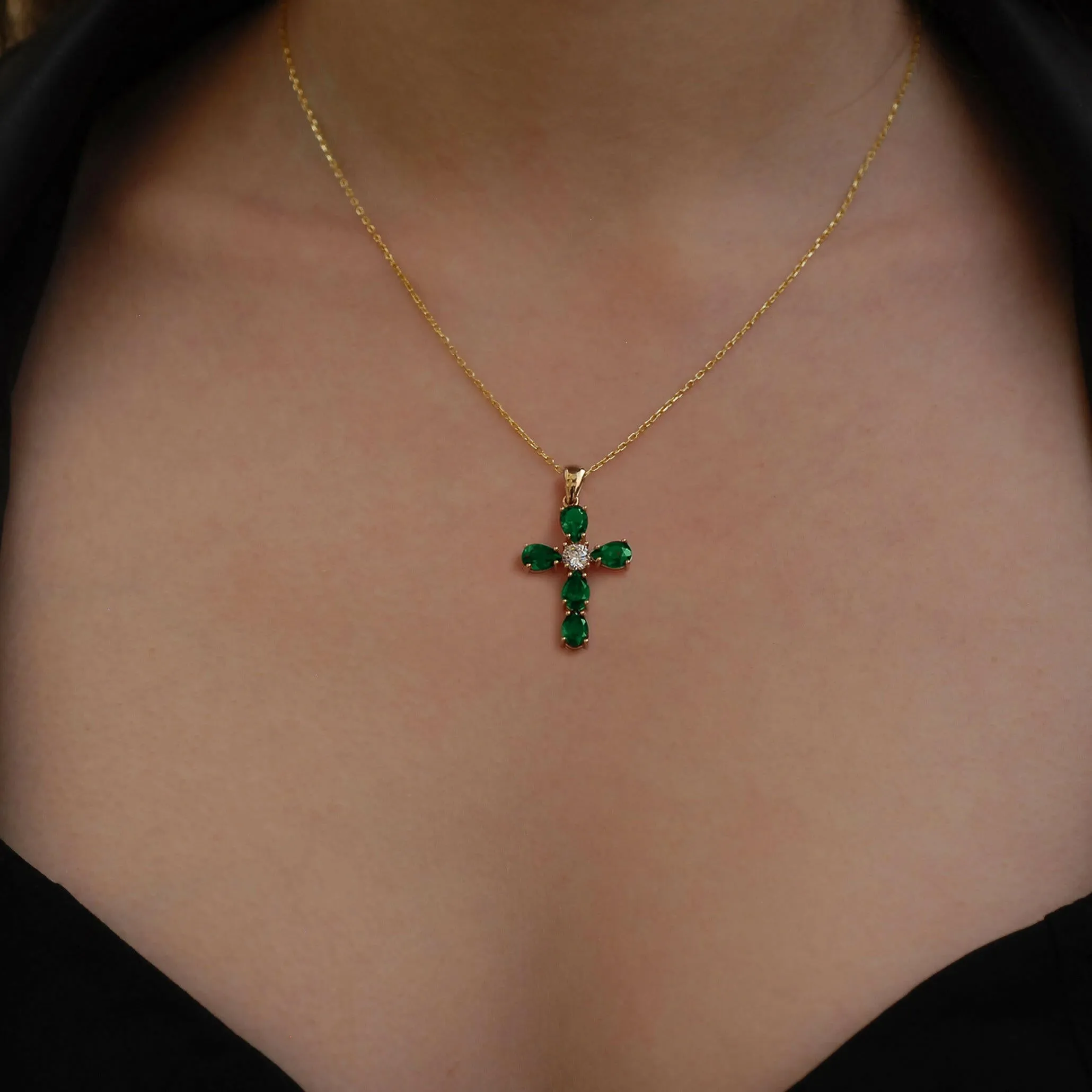 Emerald Cross Necklace | 14K Solid Gold