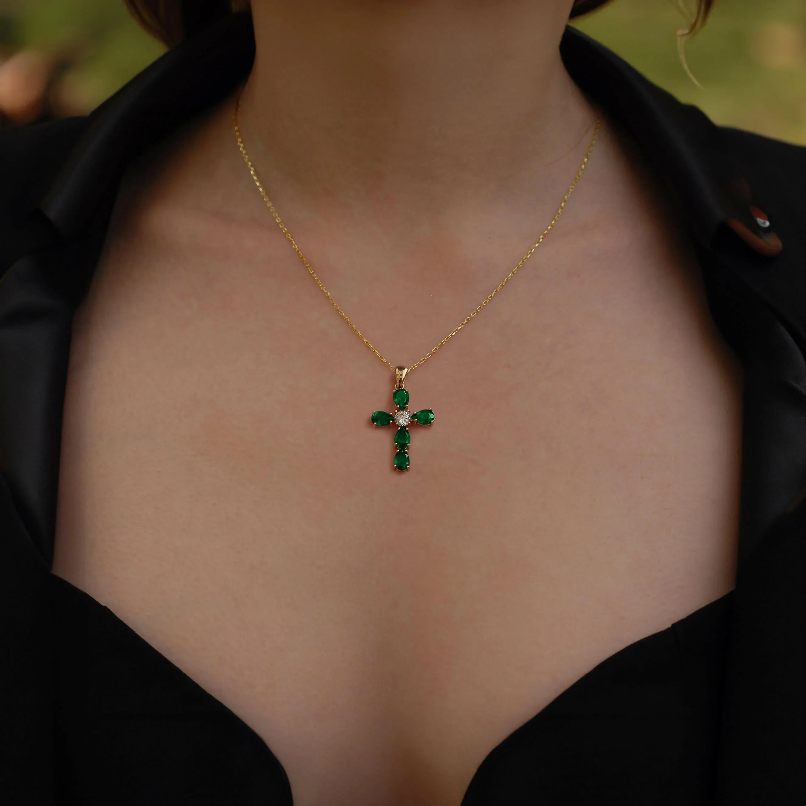 Emerald Cross Necklace | 14K Solid Gold