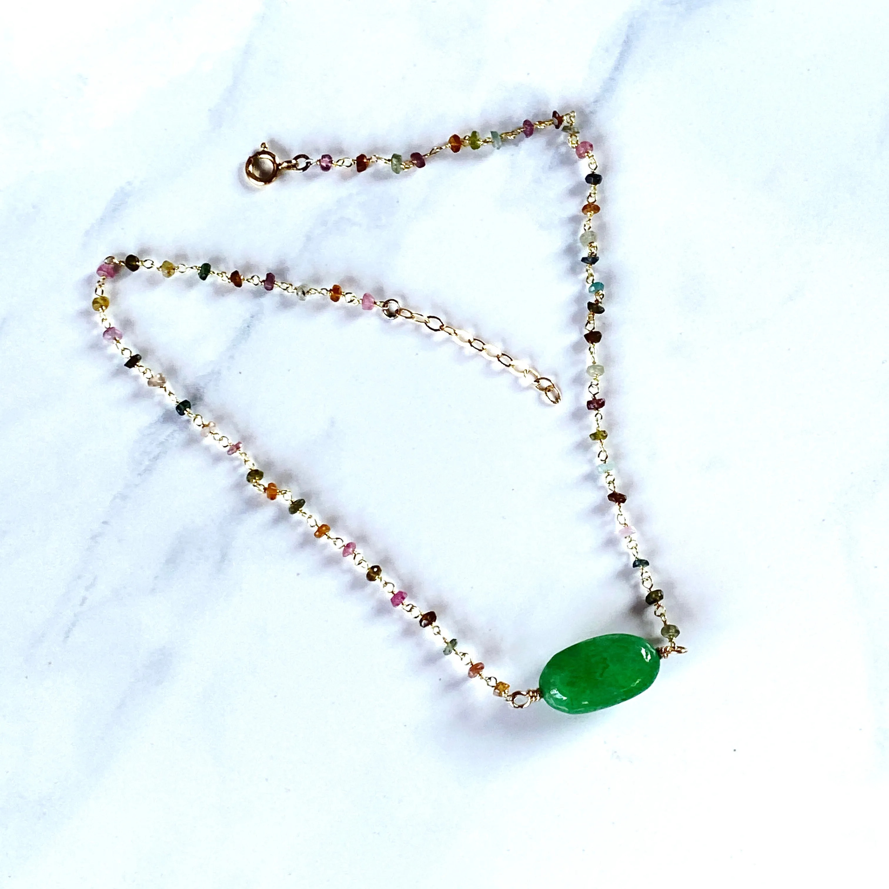 Emerald, Mixed Tourmaline gemstone and Gold over sterling silver choker