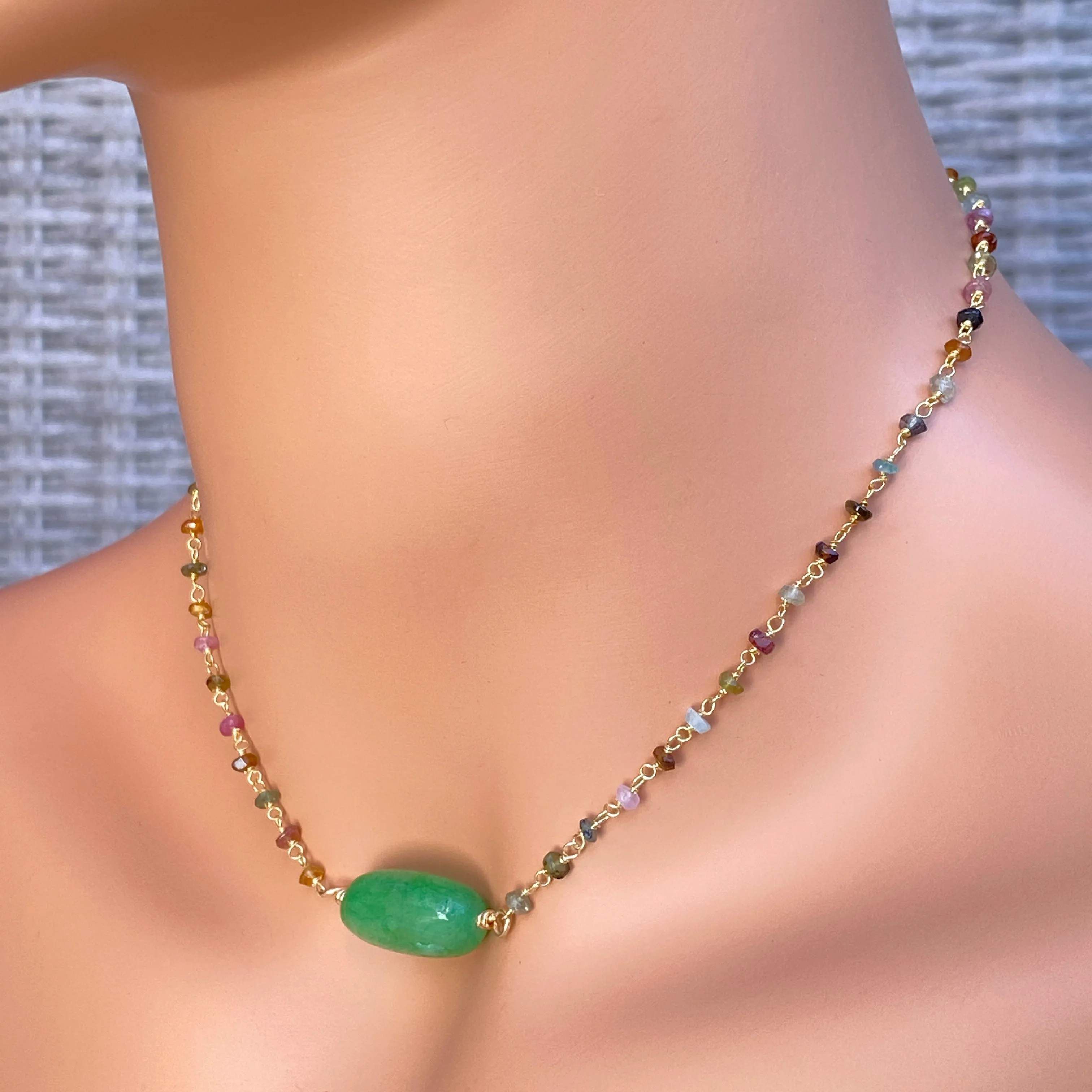 Emerald, Mixed Tourmaline gemstone and Gold over sterling silver choker