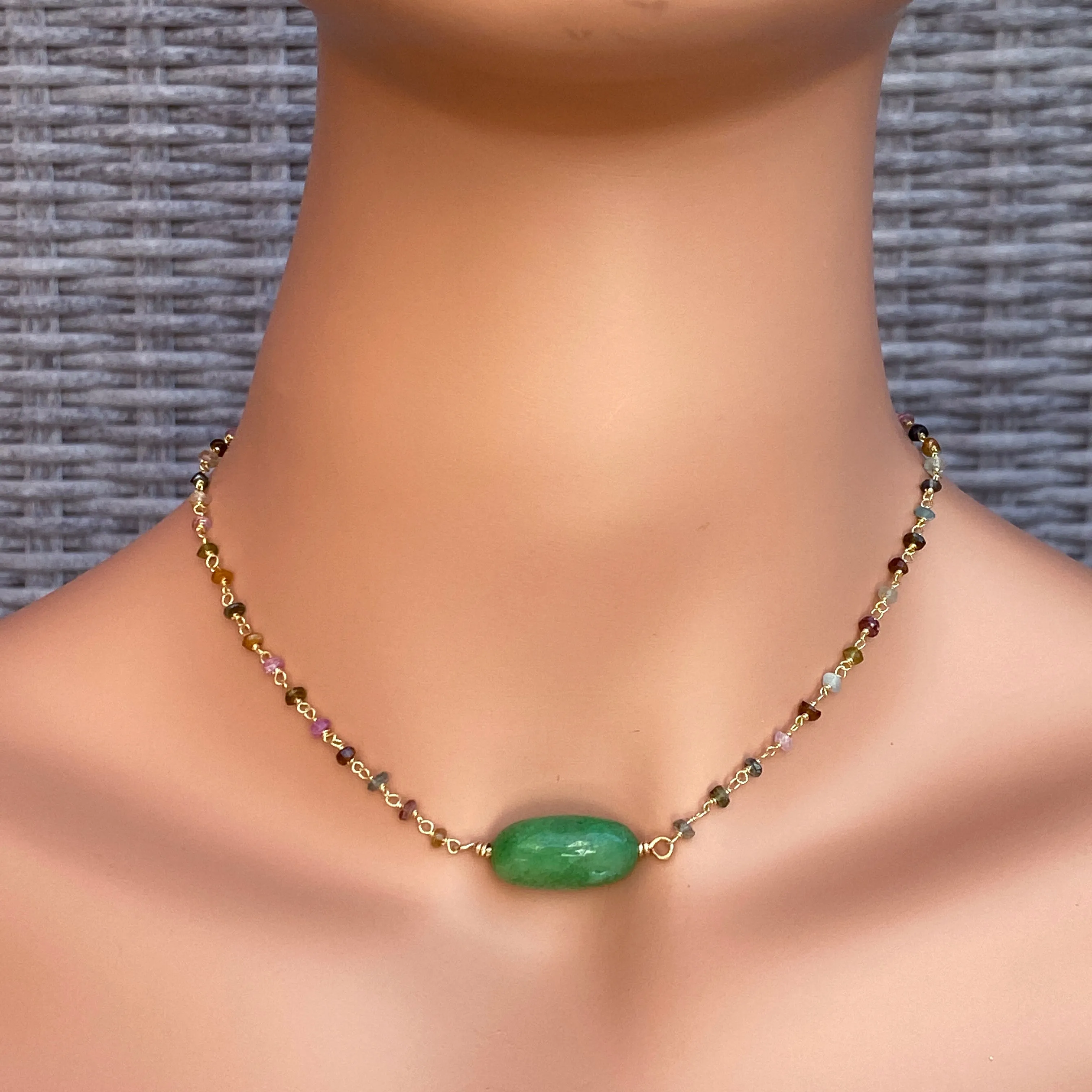 Emerald, Mixed Tourmaline gemstone and Gold over sterling silver choker