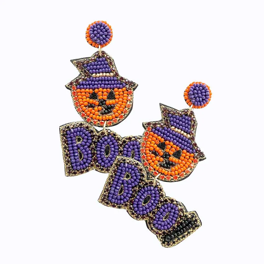 Felt Back Halloween Boo Message Beaded Dangle Earrings