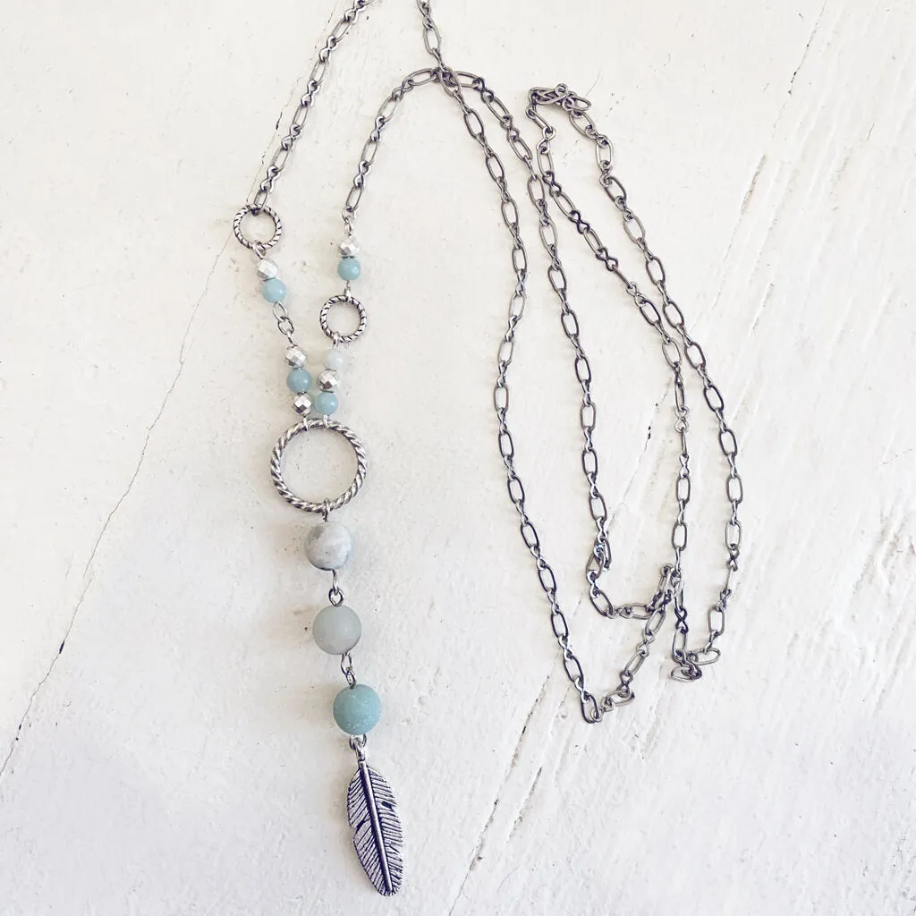 focus // amazonite & hematite long feather pendant necklace