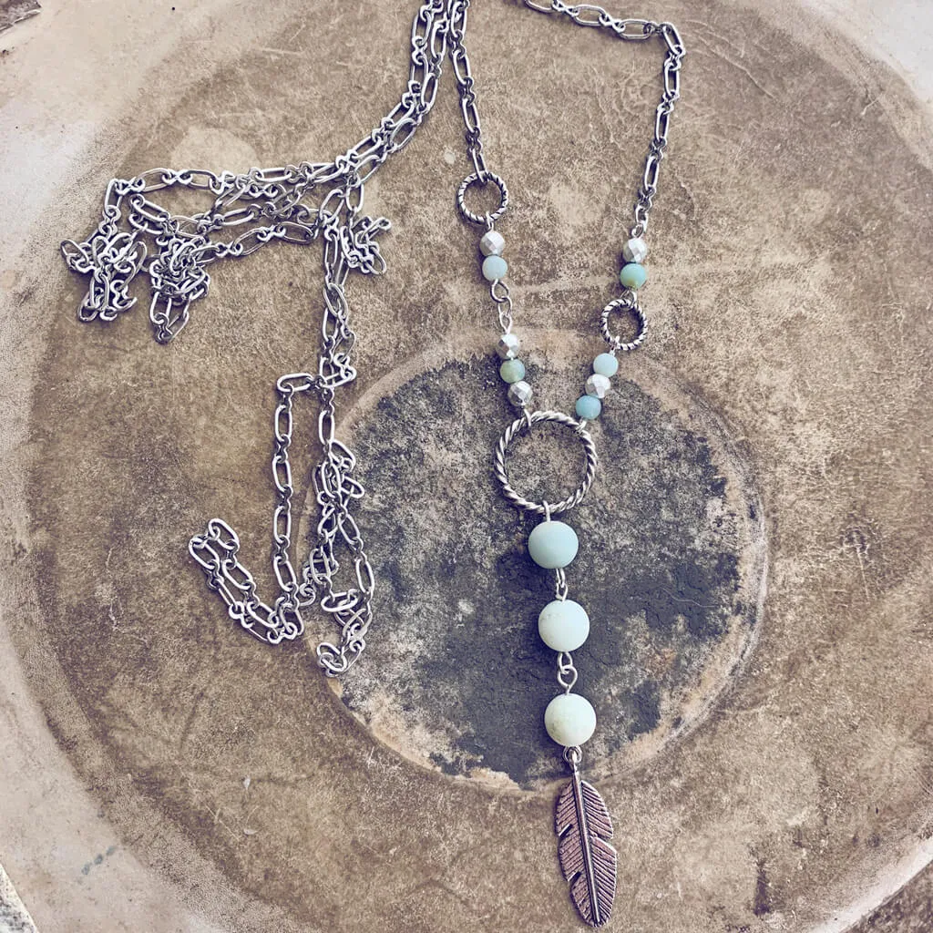 focus // amazonite & hematite long feather pendant necklace