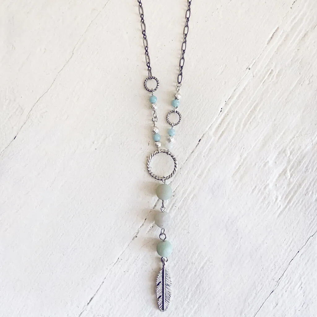 focus // amazonite & hematite long feather pendant necklace