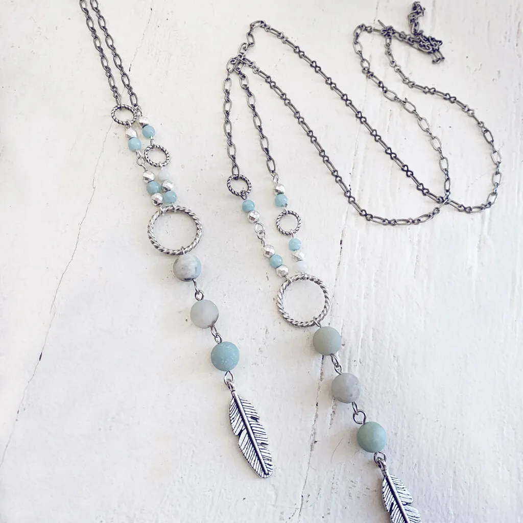 focus // amazonite & hematite long feather pendant necklace