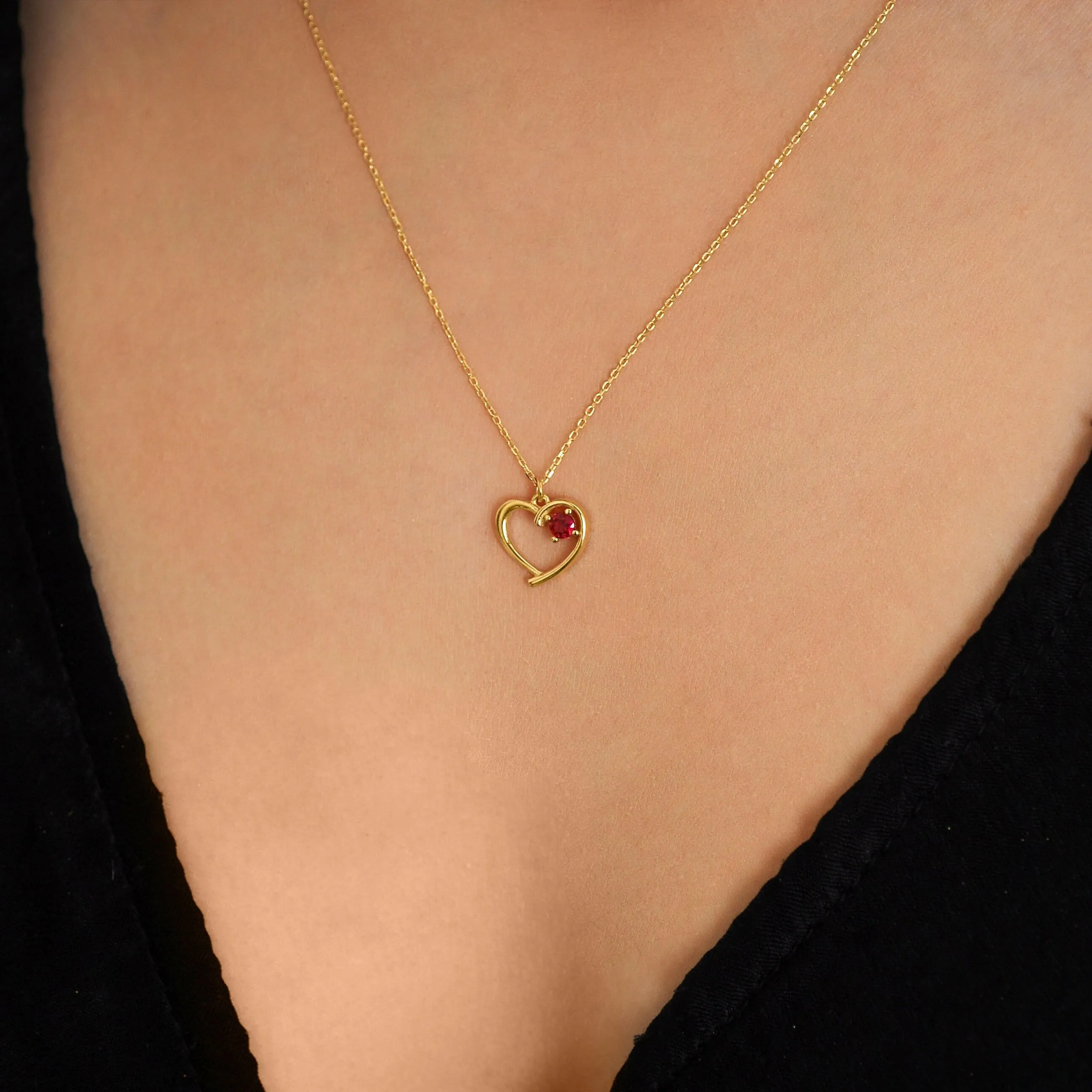 Garnet Red Heart Necklace | 14K Solid Gold