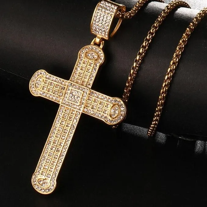 Gemstone-Studded Gold-Plated Cross Bling Stainless Steel Hip-hop Pendant Necklace