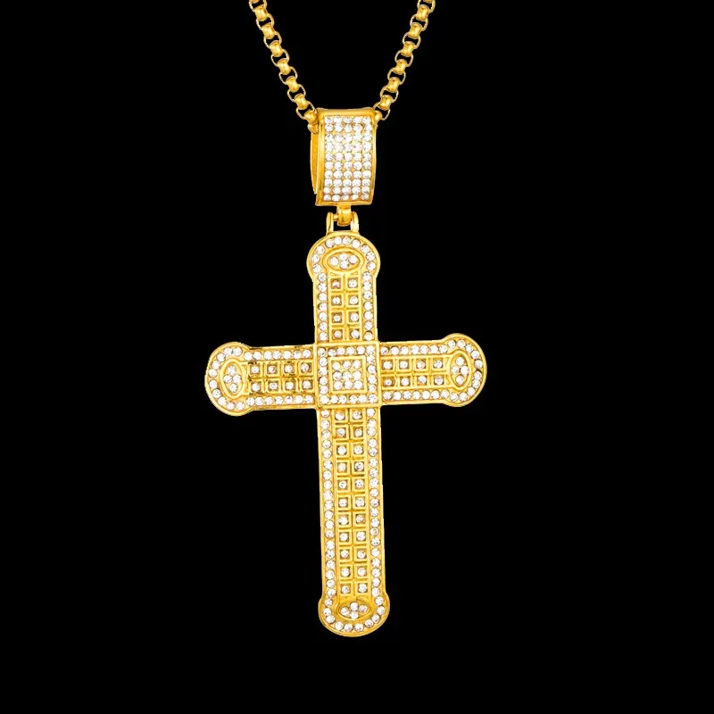 Gemstone-Studded Gold-Plated Cross Bling Stainless Steel Hip-hop Pendant Necklace