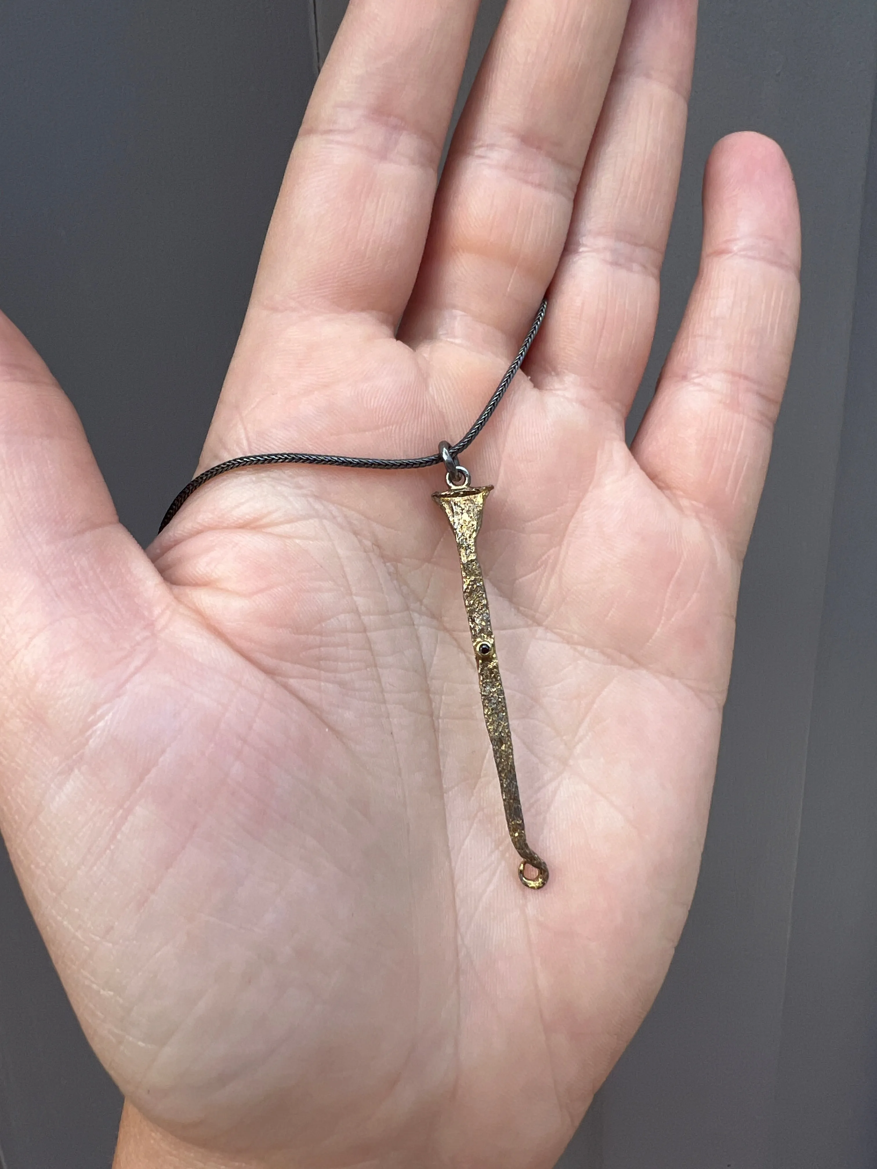 Gilded Italian Nail Necklace with Black Diamond and Scrolled Tip