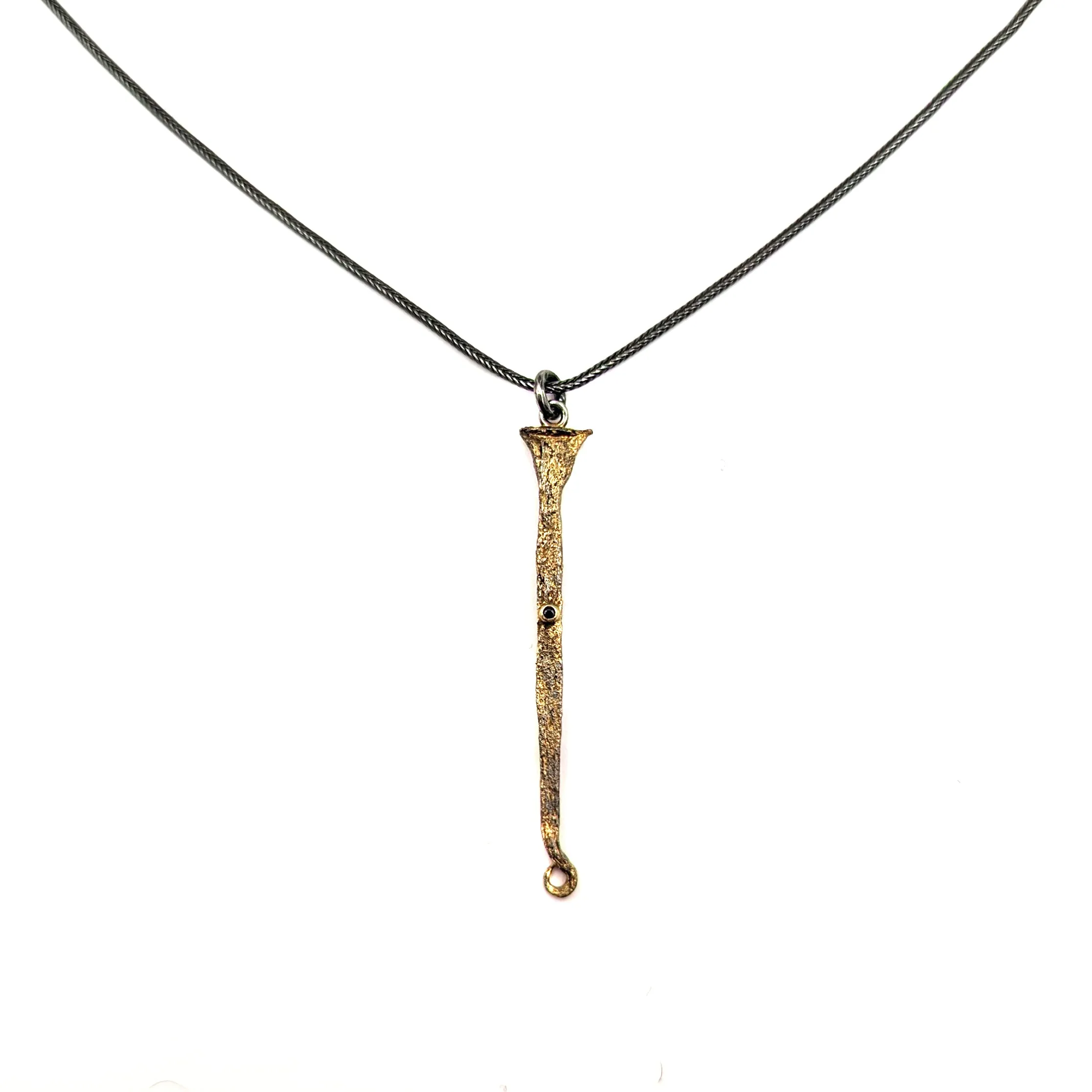 Gilded Italian Nail Necklace with Black Diamond and Scrolled Tip