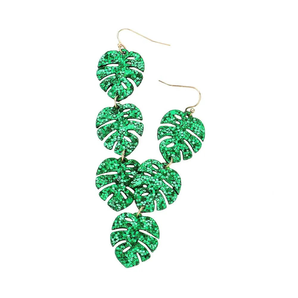 Glittered Triple Tropical Leaf Link Dangle Earrings