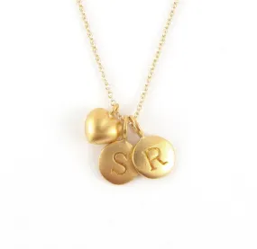 Gold 2 Initial & Puffed Heart Charm Necklace