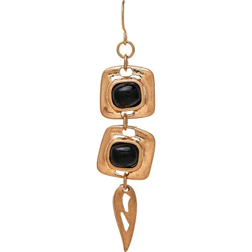 Gold Double Square Black Gem Earring