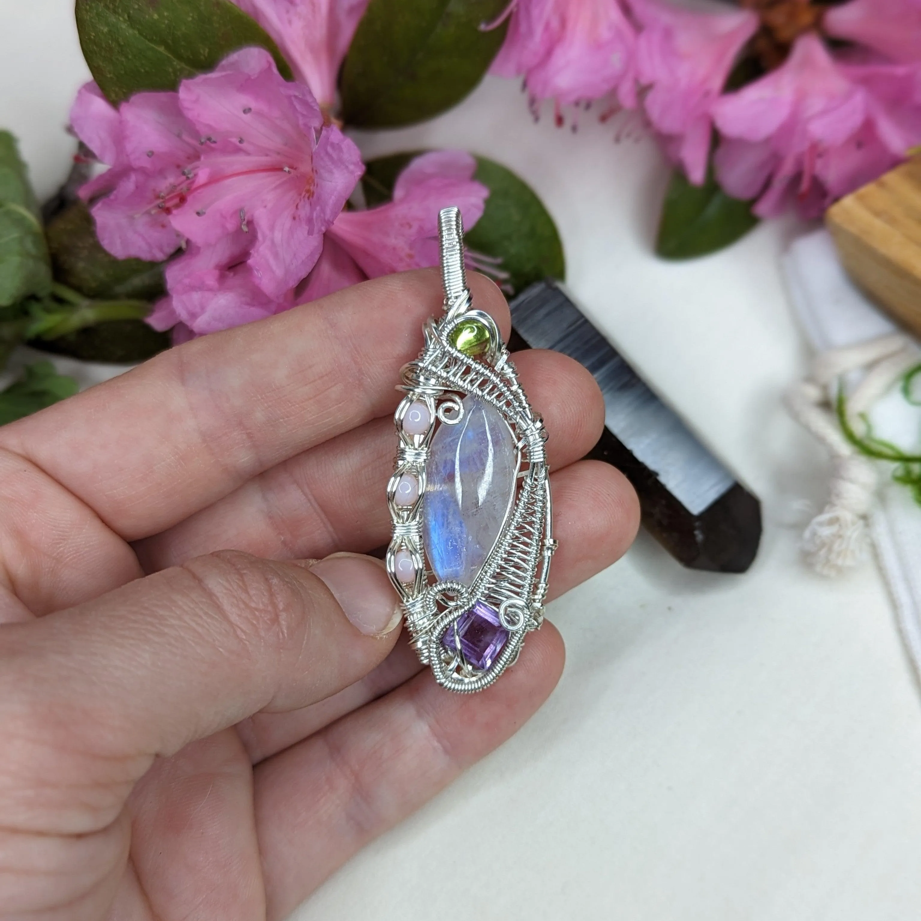 Gorgeous Moonstone Pendant with Peridot, Amethyst and Pink Opal ~ Wire Wrapped ~ Includes Silver Chain