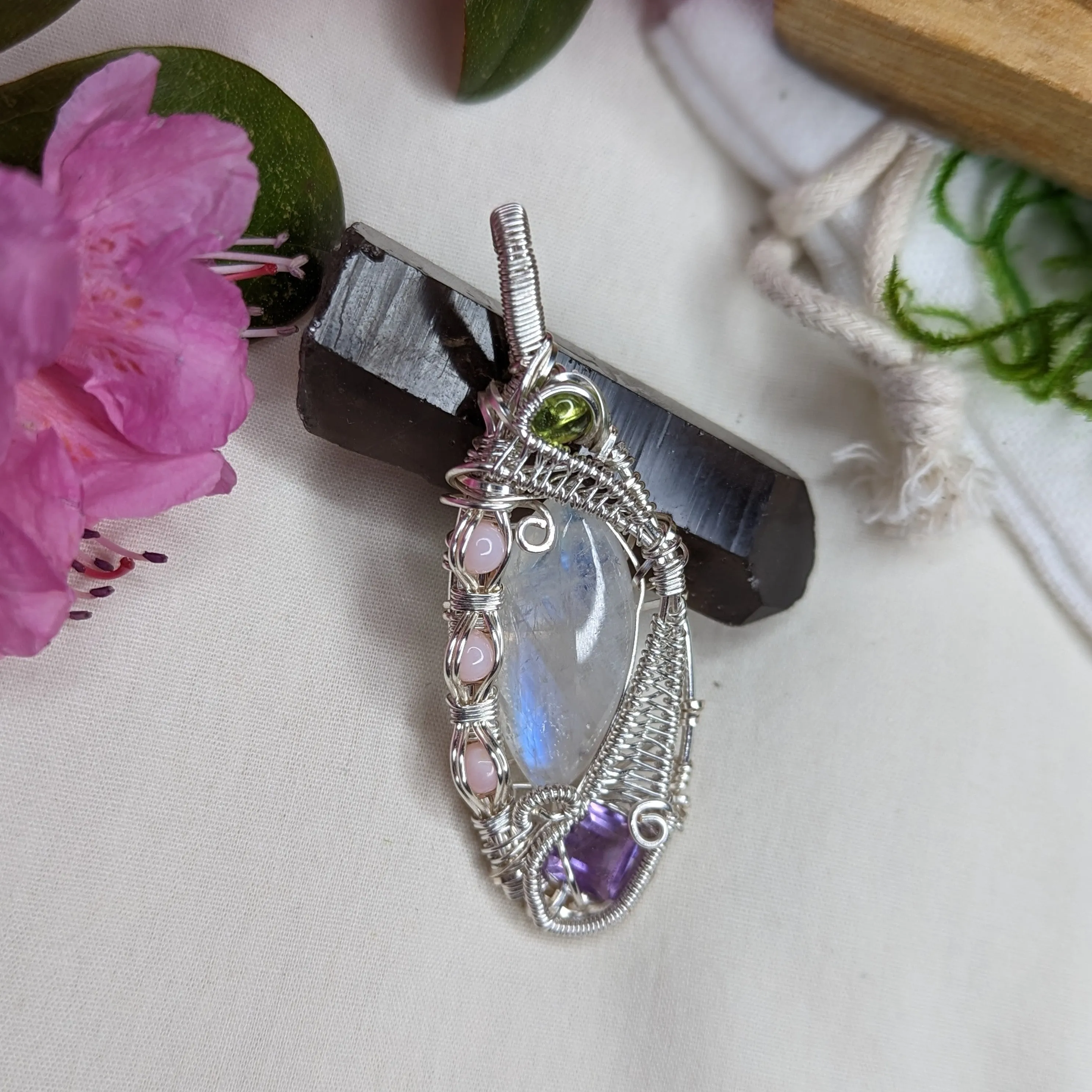 Gorgeous Moonstone Pendant with Peridot, Amethyst and Pink Opal ~ Wire Wrapped ~ Includes Silver Chain