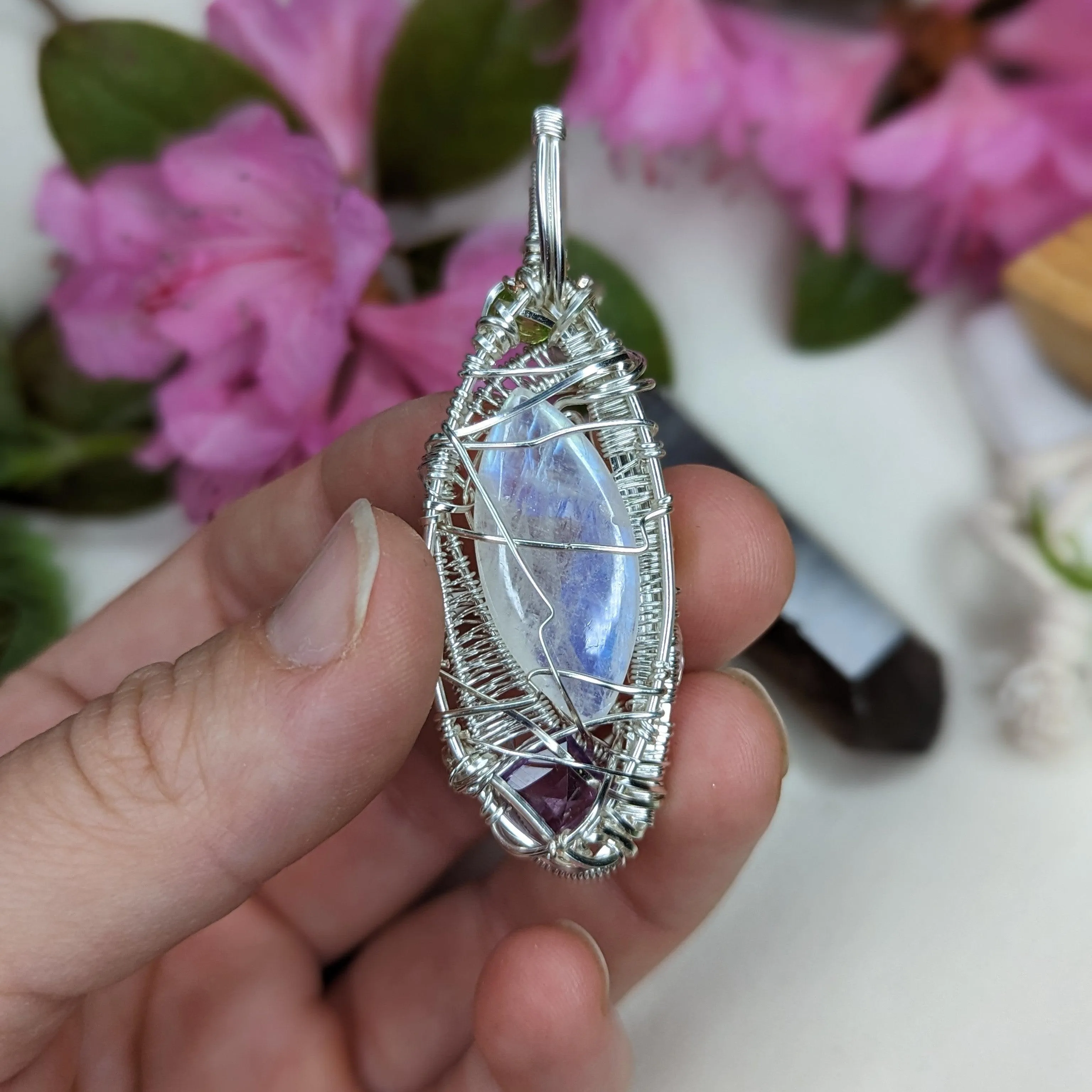 Gorgeous Moonstone Pendant with Peridot, Amethyst and Pink Opal ~ Wire Wrapped ~ Includes Silver Chain