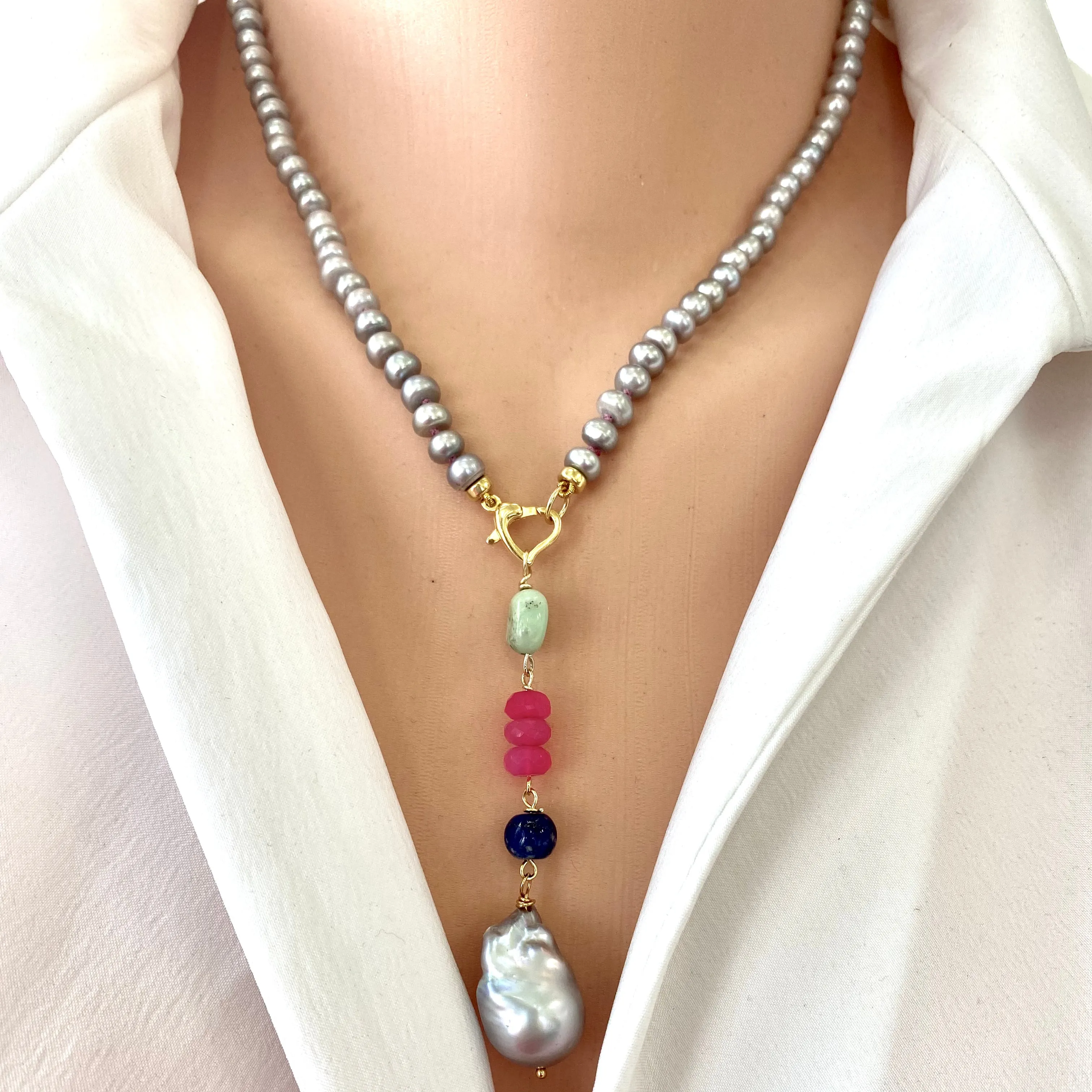 Grey Pearl Necklace, Chalcedony, Chrysoprase, Lapis & Baroque Pearl Removable Pendant, Gold Vermeil, 18in