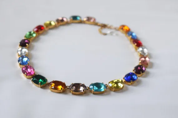 Harlequin Collet Necklace, Large Oval Rainbow Riviere Necklace