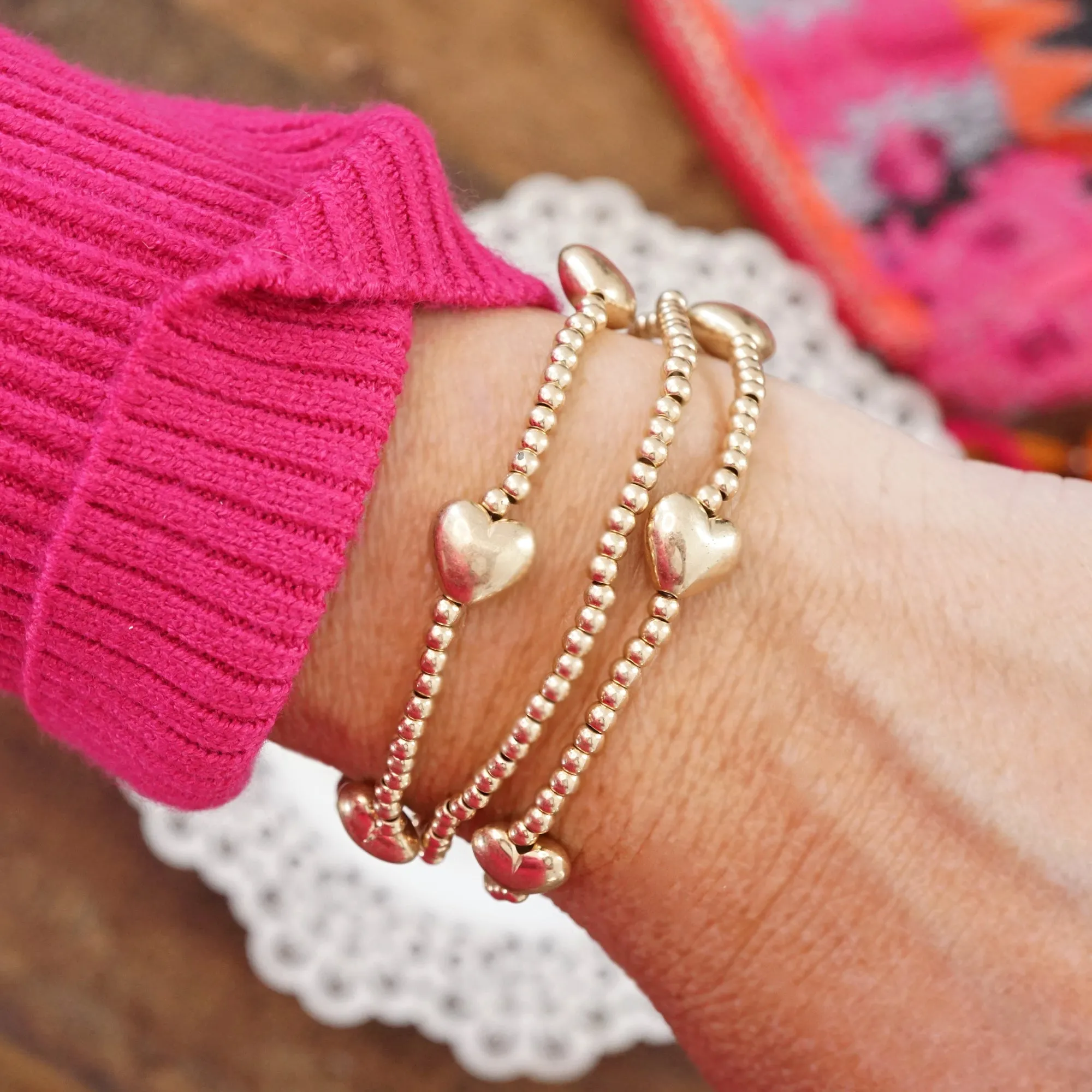 Heart bracelets stack set of 3 in worn gold tone