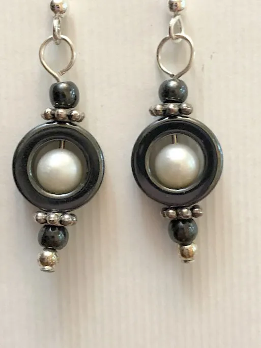 Hematite Earrings with Cultured Pearls