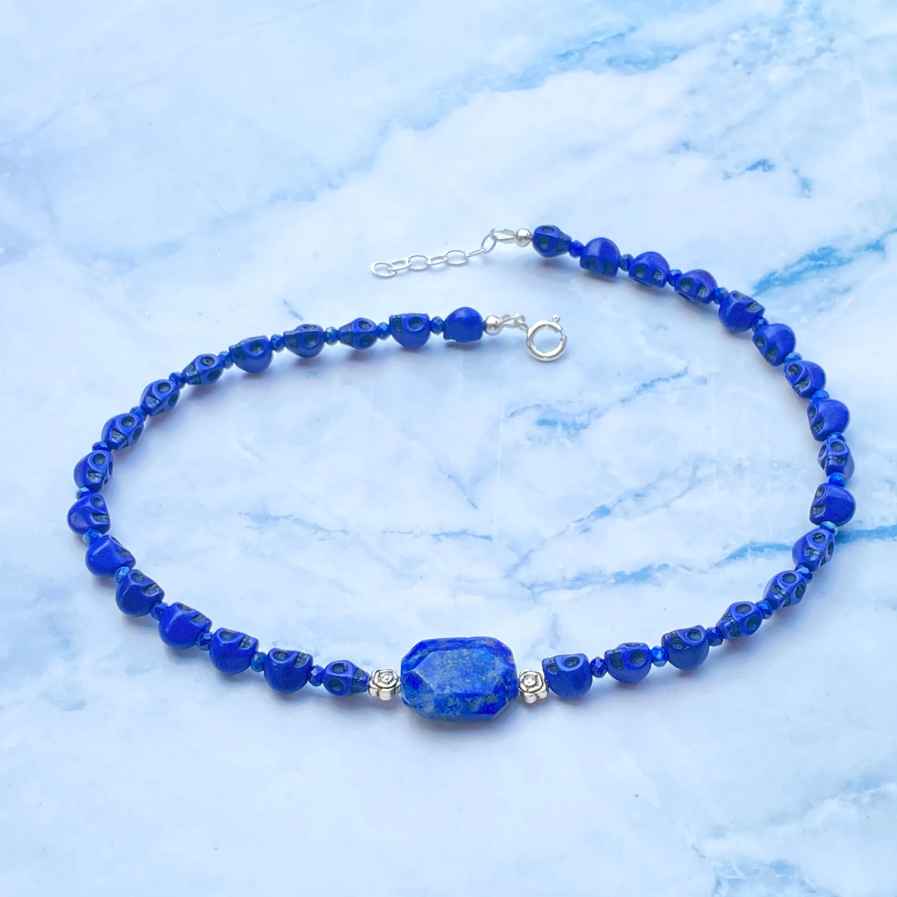 Lapis Lazuli and Howlite Skull Choker Necklace