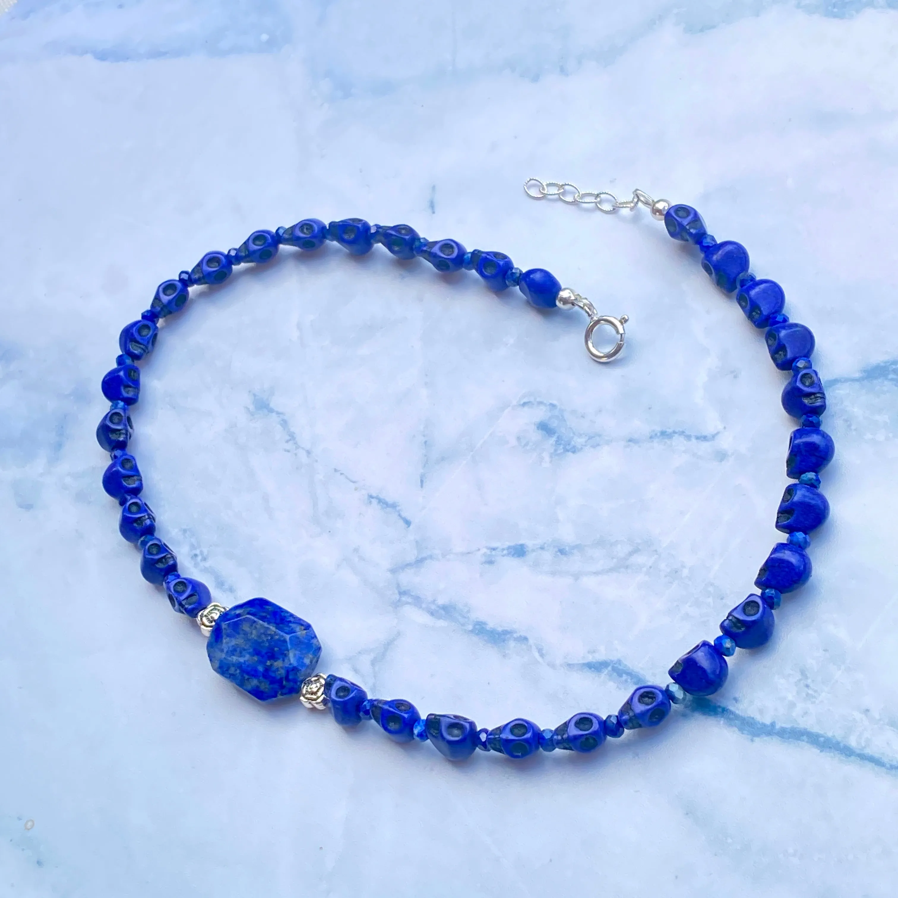 Lapis Lazuli and Howlite Skull Choker Necklace