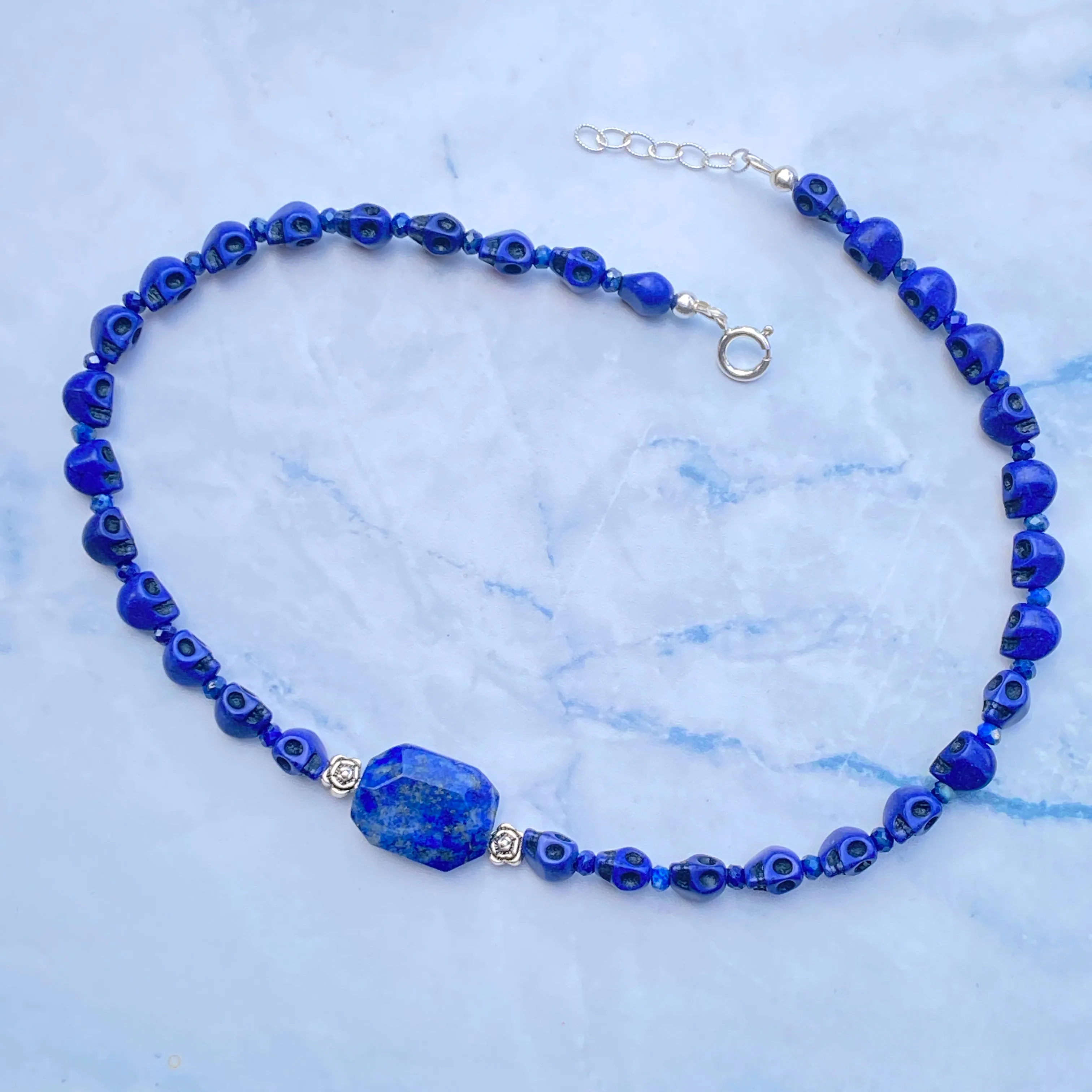 Lapis Lazuli and Howlite Skull Choker Necklace